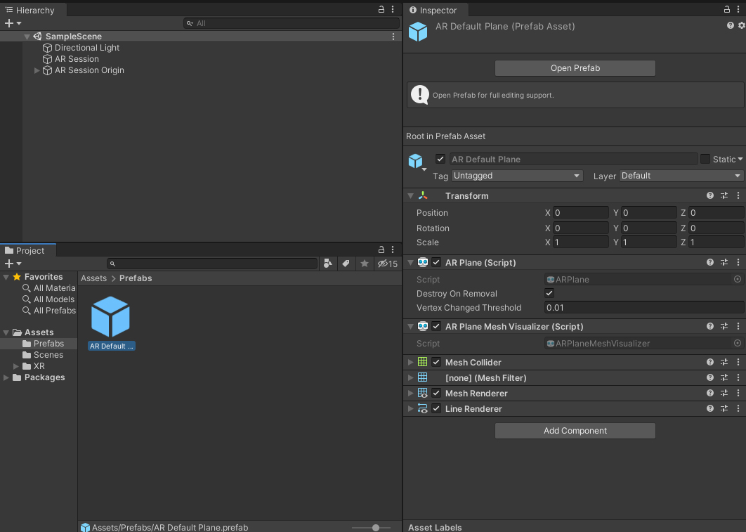 Figure 02: Creating a Prefab of the AR Default Plane and removing it from the Hierarchy