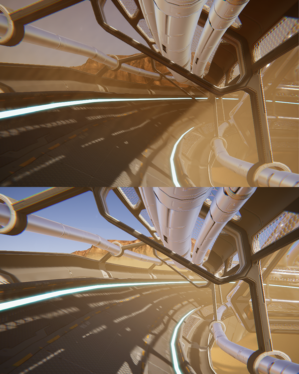 Figure 01: Volumetric Fog (top) and Exponential Fog (bottom)