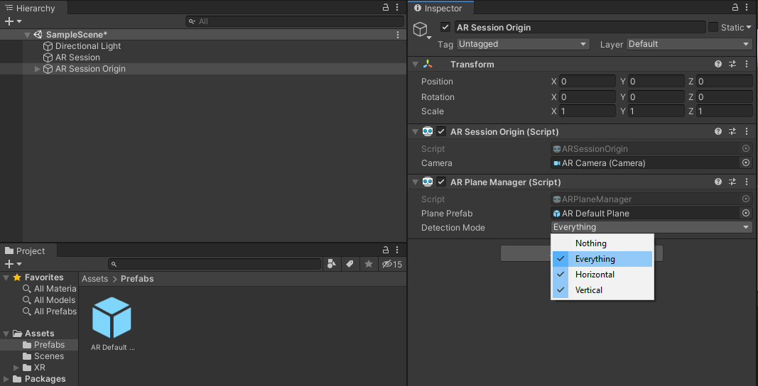 Figure 04: Adding the AR Default Plane to the Plane Prefab slot and selecting the Detection Mode