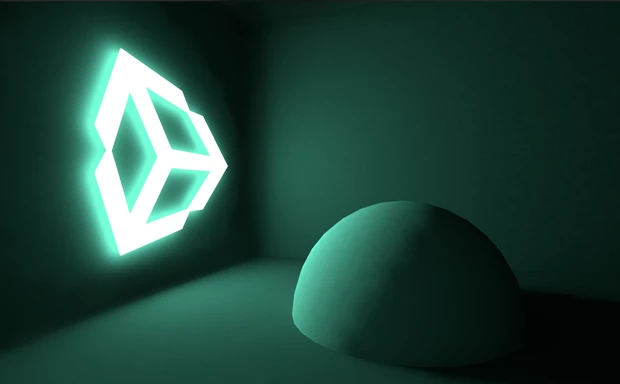 Figure 16: A simple neon sign created using the Emission property of Unity’s standard Shader. Notice how the emission from the sign is still shadowed by static geometry — in this case, the sphere.