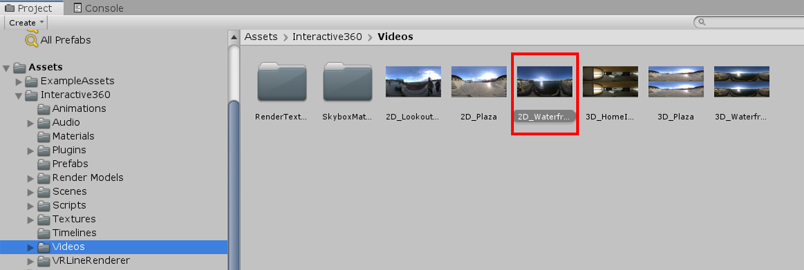 Figure 03: Selecting the 2D_Waterfront video from the Interactive 360 Sample Project we’ve imported into our Scene