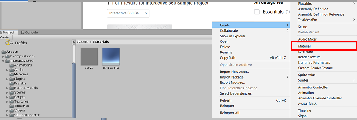 Figure 05: Creating a Material that will be used to project the video onto our Skybox
