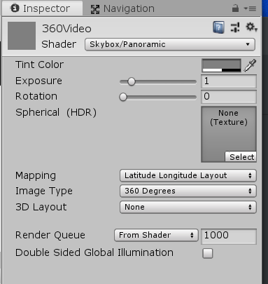 Figure 06: Setting Shader type to Skybox/Panoramic. Note that you may need to adjust the 3D Layout property depending on the format of your imported 360 Video.