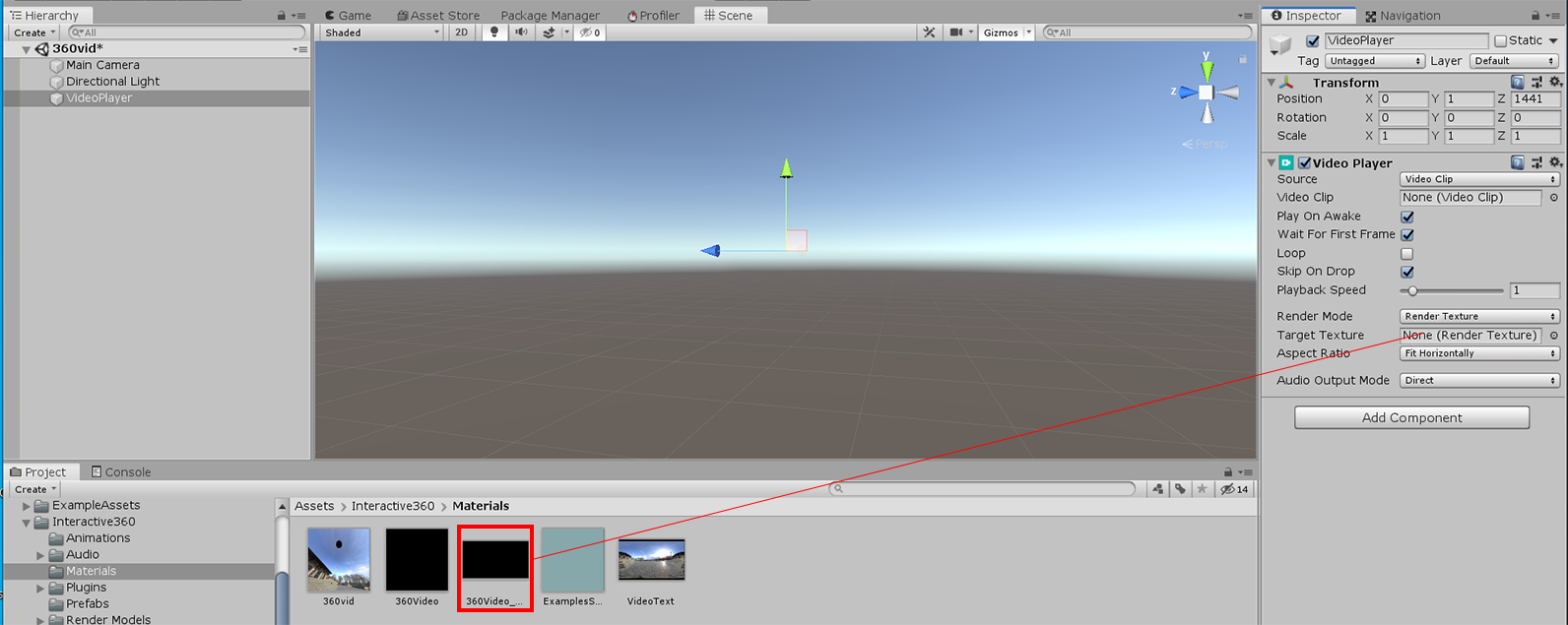 Figure 13: Telling the Video Player to “broadcast” the content of the video to the Render Texture.