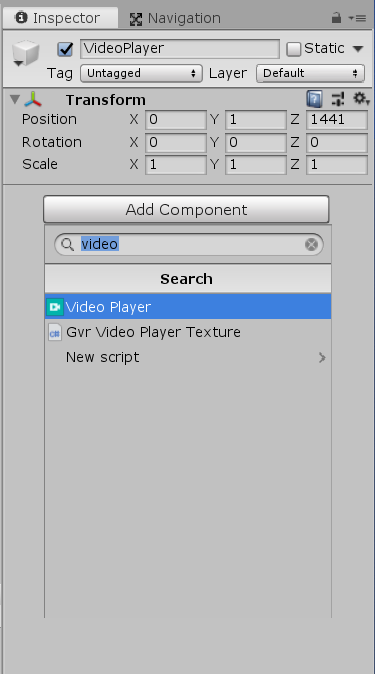 Figure 11: Adding the Video Player component to the VideoPlayer GameObject