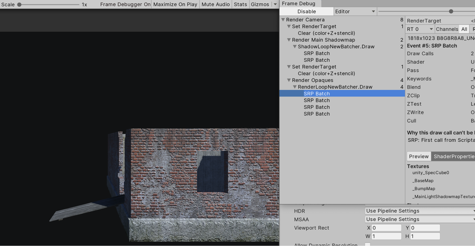 Figure 02: Draw call selection with the current render in the Game window.