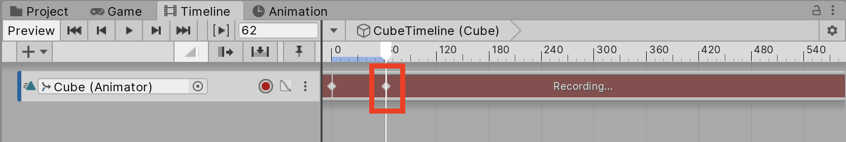 Figure 05: Keyframe added to Recording track in Timeline Editor