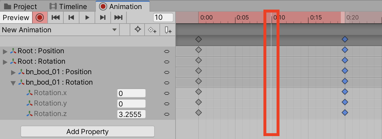 Figure 10: As the time slider is moved, any previously recorded animation will be played back in the Scene view. This is a quick way to “pencil test” animations.