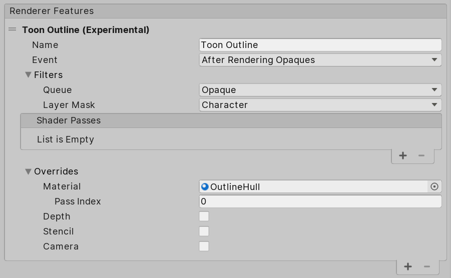 Figure 07: Setting up a Material override to render the toon outline effect on objects in the Character Layer
