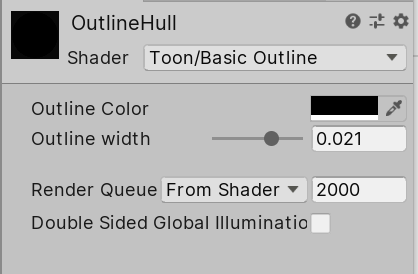 Figure 04: The “OutlineHull” Material with options for adjusting the outline’s color and width