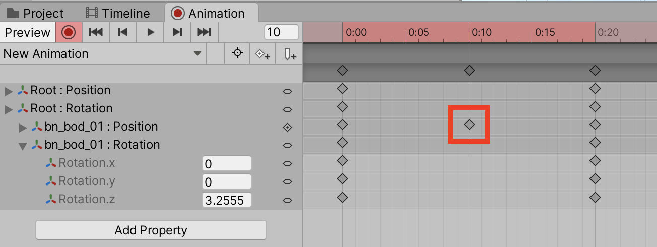 Figure 11: The change in bn_bod_01’s rotation on frame 18 has been automatically recorded as a keyframe.