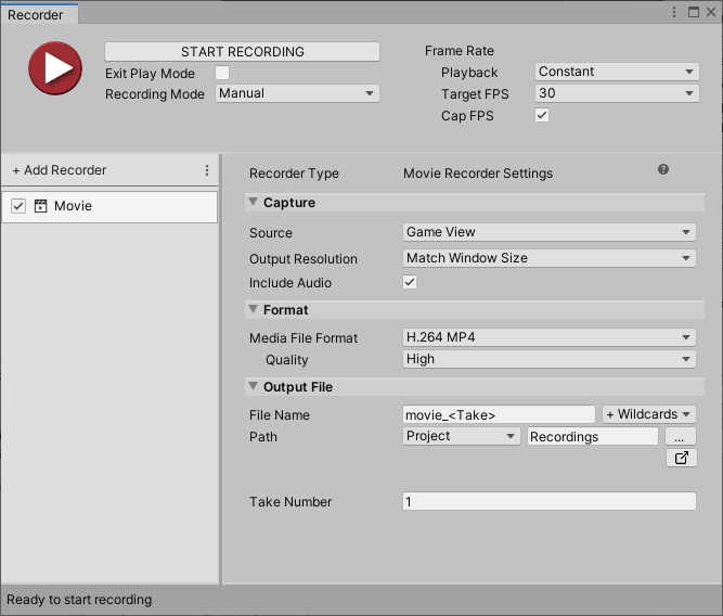 Figure 06: Default settings for a Movie Recorder