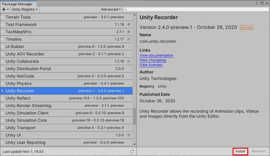 Figure 02: Installing the Unity Recorder Package.