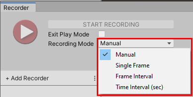 Figure 04: Options for Recording Mode allow Unity to capture a single frame in time or a specified range of time, in addition to manual control.