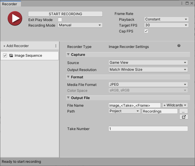 Figure 08: Default settings for the Image Sequence Recorder. You should use PNG rather than JPEG as your image format, or EXR if you’re capturing environment and lighting data.
