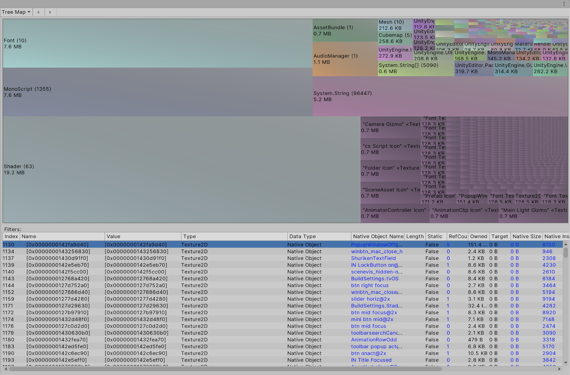 Figure 07: The table view, which sits below both the Tree Map and Memory Map, gives more detailed information on the memory usage of individual elements.