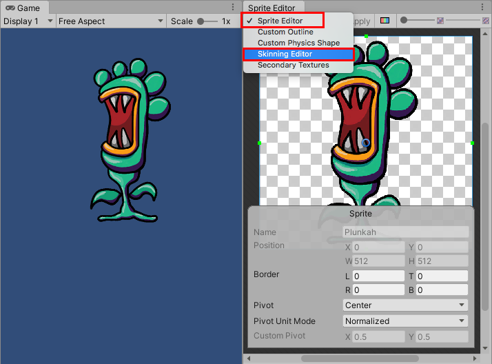 Figure 09: The Sprite Editor window showing the Skinning Editor dropdown.
