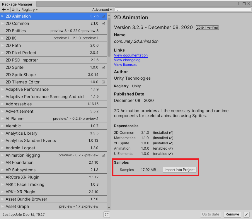 Figure 02: The Package Manager window showing the 2D Animation Samples available for Import.