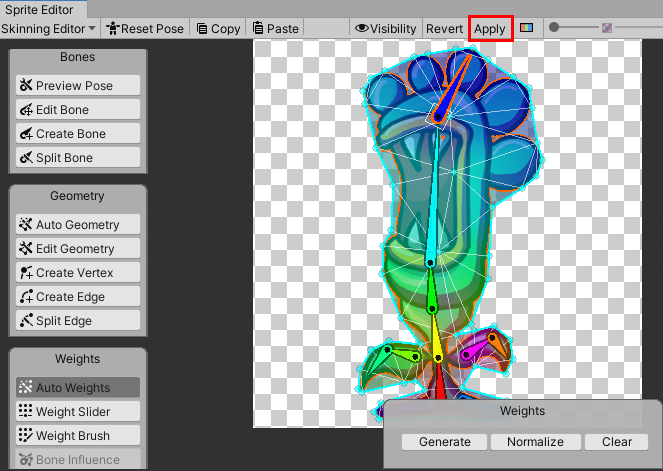 Figure 14: The Skinning Editor window, with the Apply button highlighted.