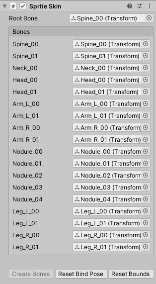 Figure 17: The bones have been created as a Hierarchy of Transforms matching the layout of the joint Hierarchy in the Skinning Editor.
