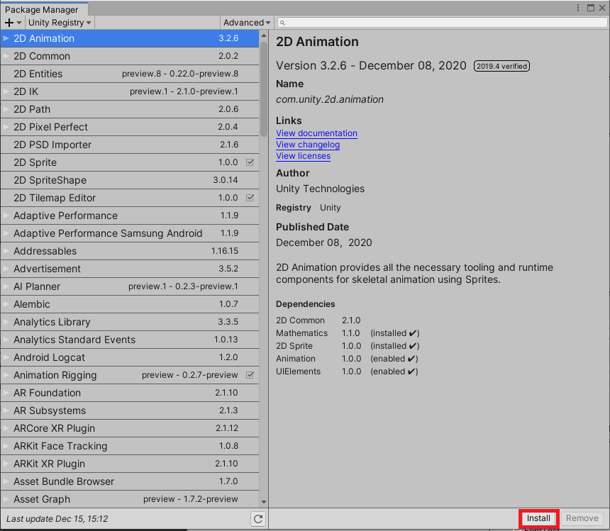 Figure 01: Package Manager window for the Unity engine.