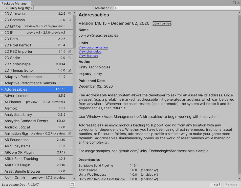 Figure 07: Unity’s Package Manager, with the Addressables package selected for installation