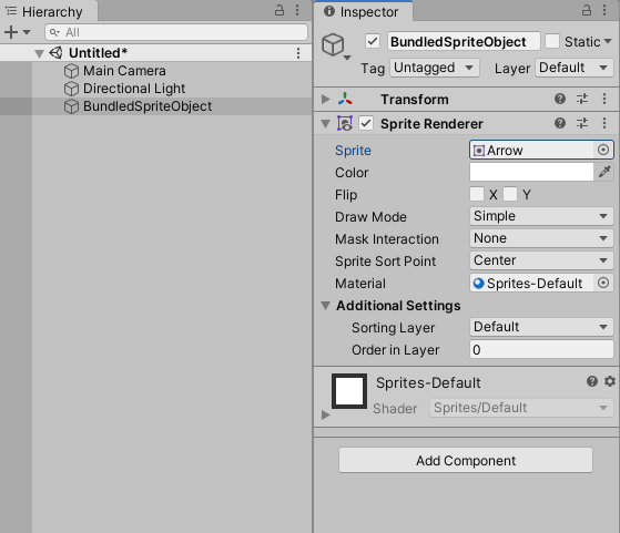 Figure 02: The Empty GameObject’s component: Sprite Renderer, with a Sprite (“Arrow”) attached.