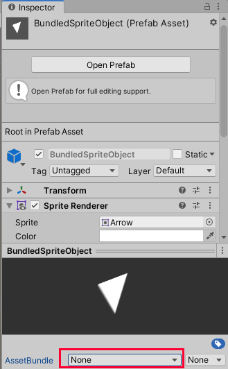 Figure 03: Select here to assign BundledSpriteObject to an AssetBundle. The other drop-down currently marked None is for variants.