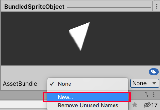 Figure 04: Choose an existing AssetBundle name to select it, select New to create a new one, or Select Remove Unused Names to remove all currently unassigned AssetBundle and variant names.