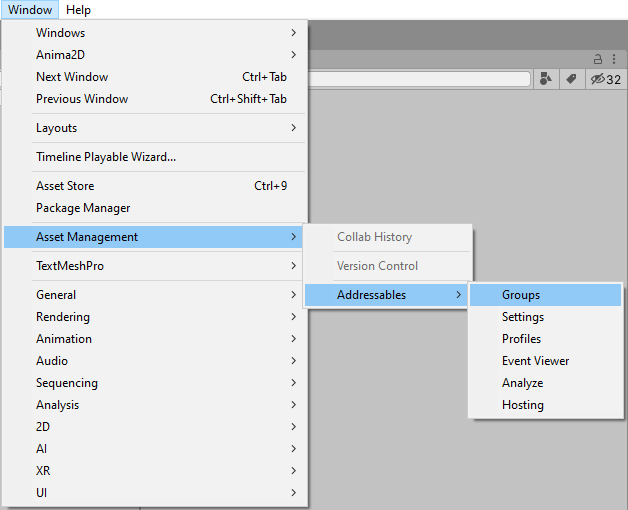 Figure 08: Addressables menu item