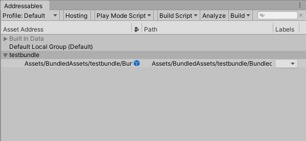 Figure 11: Addressables window showing the example testbundle path