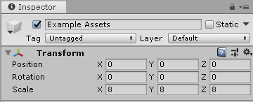 Figure 01: Transform settings for the Example Assets GameObject