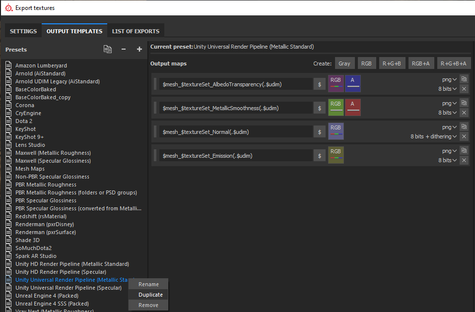 Figure 16: Duplicate the Unity Universal Render Pipeline (Metallic Standard) export setting
