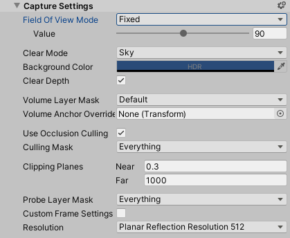 Figure 10: Capture Settings for our Planar Reflection Probe