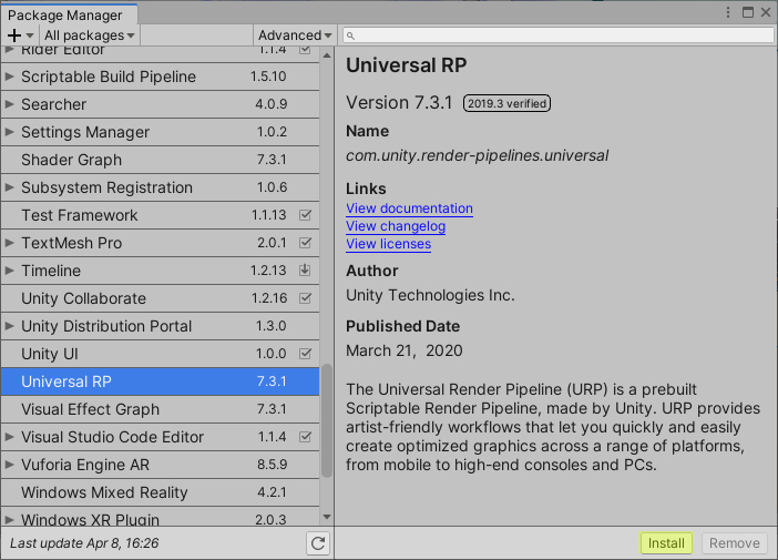 Figure 02: Installing the Universal RP package