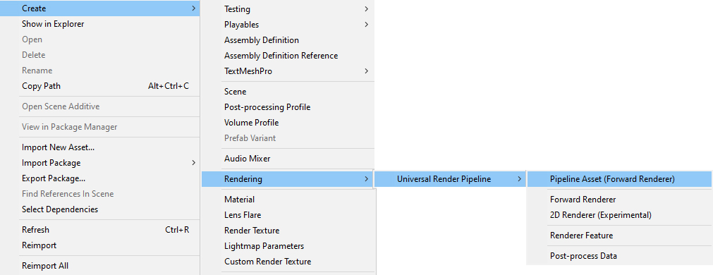 Figure 12: The menu item to create a new Universal Render Pipeline Asset