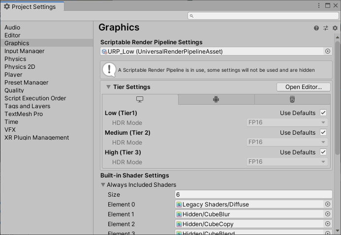 Figure 24: The URP_Low Asset is now in the active Render Pipeline Asset.
