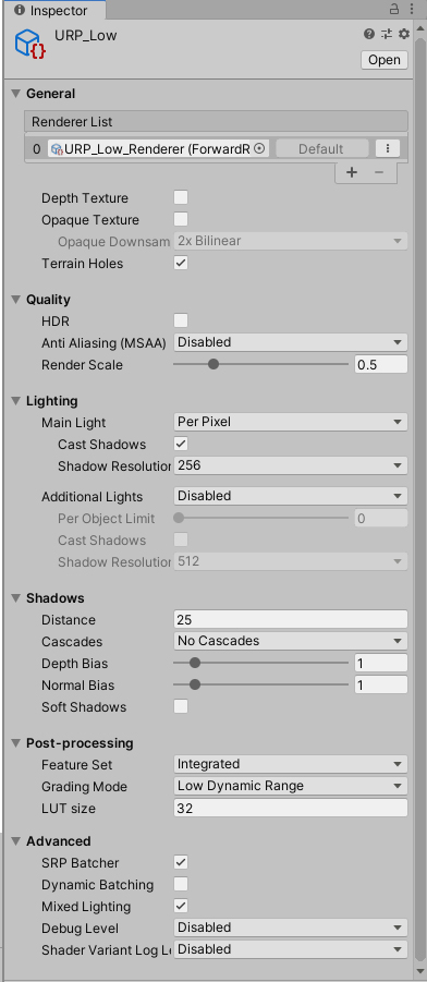Figure 14: The settings for URP_Low