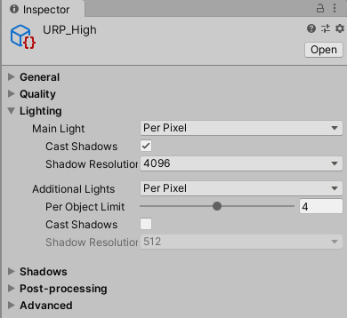 Figure 09: The Lighting Category on the URP Asset
