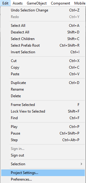 Figure 16: The Project Settings menu