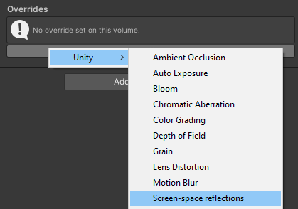 Alt text: Adding the Screen Space Reflections Override to a Post-process Volume.