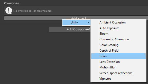 Alt text: Selecting Grain from the Unity set of Post-process Effect Overrides.