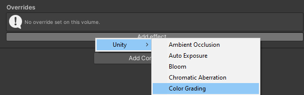 Alt-text: In the Overrides section, the Add effect… button is pressed and Color Grading is highlighted.