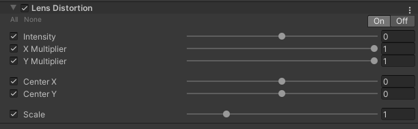 Alt text: Lens Distortion properties in the Inspector, with all settings enabled for override.