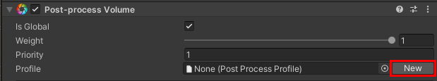 Alt-text: A post-process volume component with the New button to the right of Profile highlighted.