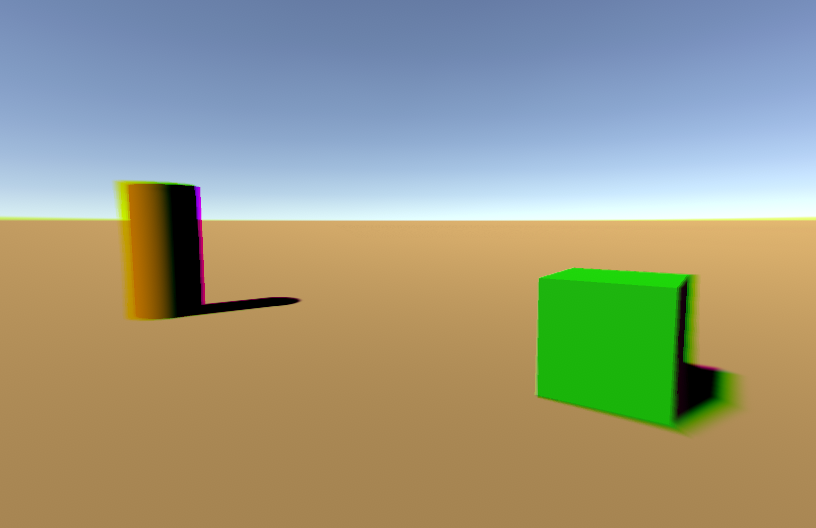 Alt text: Chromatic Aberration effect using the green and purple spectral LUT included with the Post Processing V2 Package, with Intensity set to 1 and Fast Mode disabled.