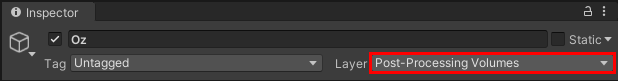 Alt-text: Inside of the Inspector window, the Layer is set to Post-Processing Volumes.
