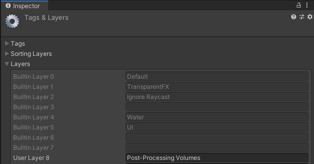 Alt-Text: The Inspector tab shows “Post-Processing Volumes” added to User Layer 8.