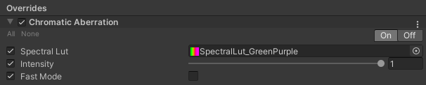 Alt text: Chromatic Aberration properties in the Inspector, with settings shown for the image shown later.