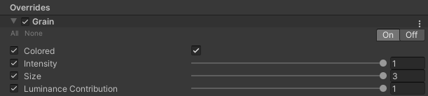 Alt text: Grain properties in the Inspector, with all settings enabled for override.